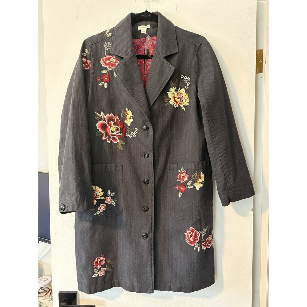 SUNDANCE Topcoat Coat Jacket Women Small Petite Embroidered Floral Gray Bohemian